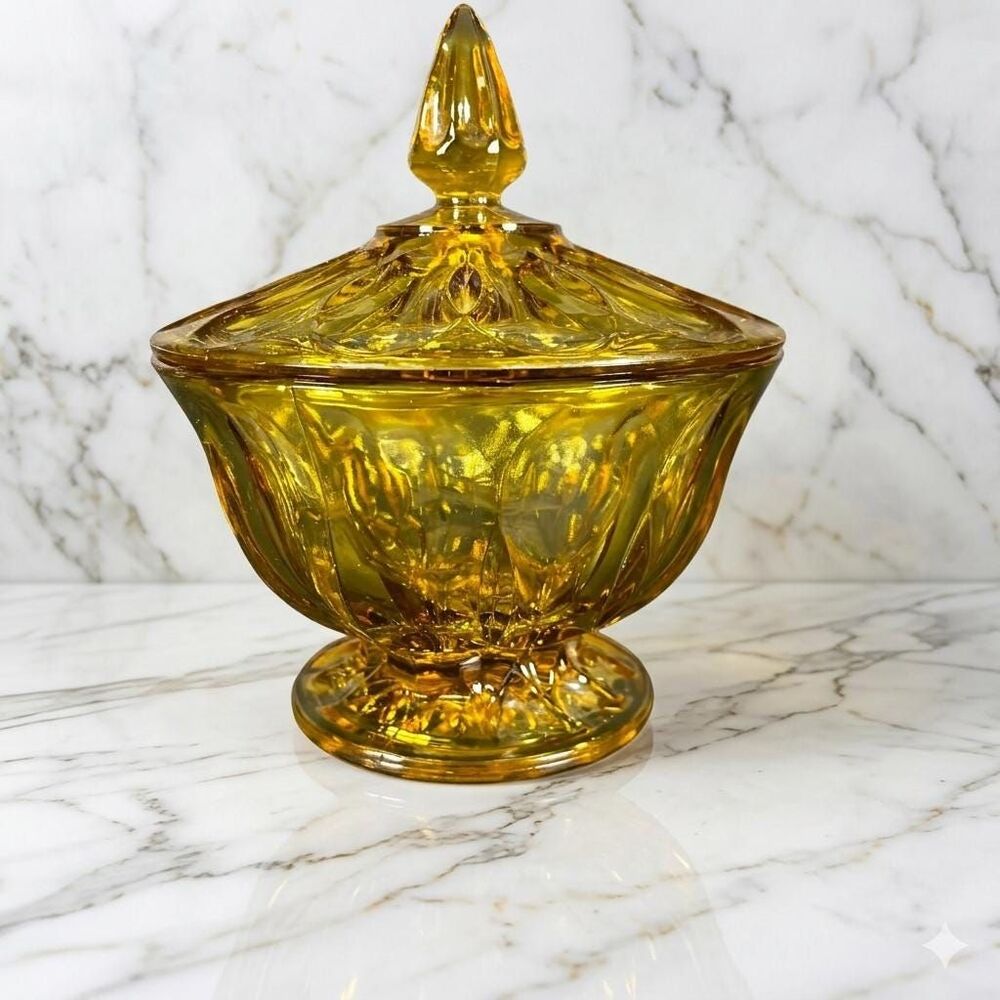 Vintage Anchor Hocking Fairfield Amber Glass Candy Dish Pressed Glass Footed